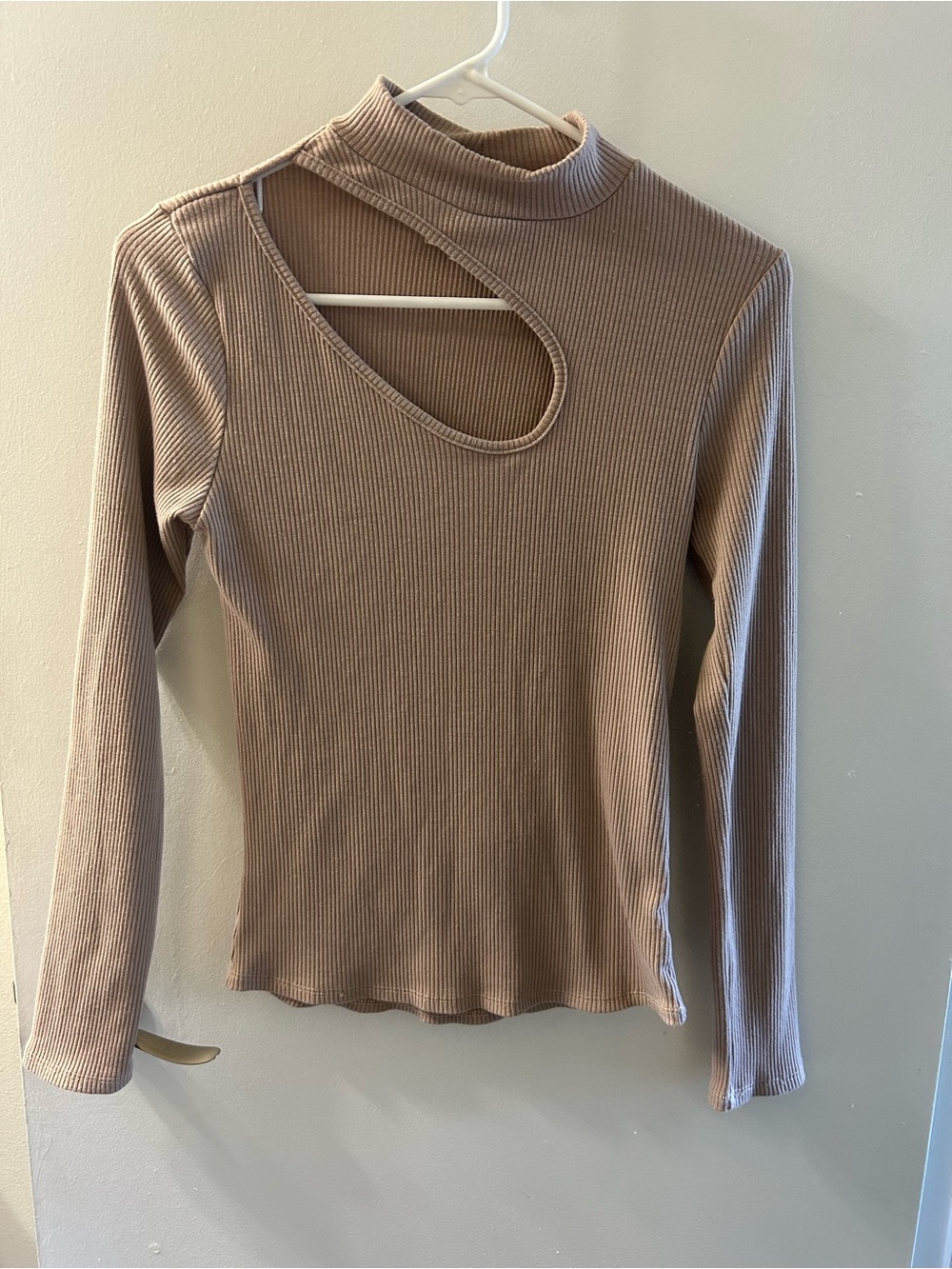 Willow Taupe Ribbed Mock Neck Long Sleeve Top with Cutout